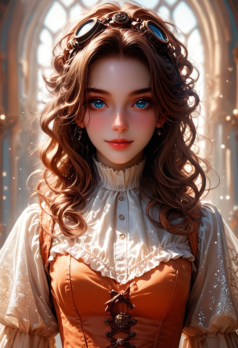 (score_9, score_8_up), score_7_up, 1girl, Highly detailed RAW color Photo, aroused depicted of 1girl, Whimsical steampunk beauty, radiant smile, freckled face. Messy updo with loose curls, golden-brown hair. Piercing blue eyes, long lashes. Brass goggles atop head. Ornate choker and delicate necklaces. Sunlit skin, rosy cheeks. Shimmering orange corset top. Victorian-inspired white blouse. Intricate background with gilded details. Warm, ethereal lighting. Hyper-realistic portrait style. Blend of vintage and fantasy elements. Sparkles and lens flares. Soft bokeh effec
