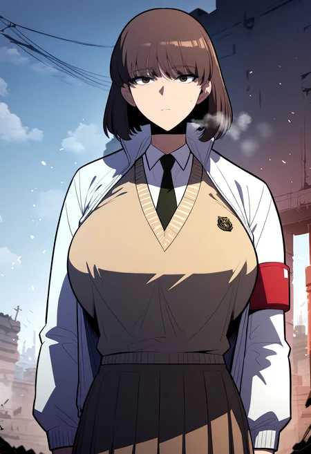 score_9, score_8_up, score_7_up, score_6_up, source_anime, rating_explicit, <lora:neg4all_bdsqlsz_V3.5:2.0>1girl, (solo:1.2), huge breasts, <lora:LeeYuriponyxl:1> bangs, brown hair, medium hair, brown eyes, jacket, school uniform, white shirt, collared shirt, black necktie, sweater vest, pleated skirt, brown skirt, expressionless, Narrow shoulders, heavy breathing, steaming body, ruins, outdoors, looking at viewer