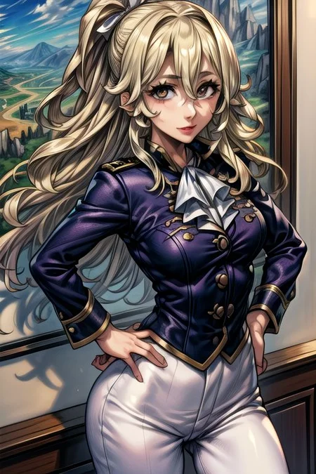 masterpiece, Lily Kokoschka , best quality, best quality, ultra-detailed, highres,sharp focus,(ultra detailed,extremely detailed), 1girl,(masterpiece, best quality), LilyKOKOSCHKA, 1girl, solo, long hair, small breasts, blonde hair, hair between eyes, uniform, ascot, wavy hair, eyes visible through hair, white ascot, riding pants, hungry clicker, Hands on Hips,