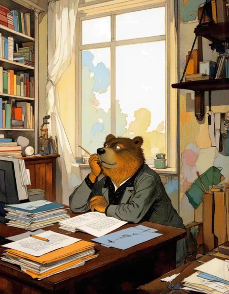 <lora:chzcat:1>, A thoughtful cartoon bear sitting at a desk in a study corner, surrounded by colorful stationery and papers. The bear holds a pencil, looking slightly puzzled but determined, with sunlight streaming through a large window behind them
