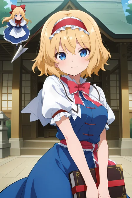 absurdres, highres, masterpiece, best quality, amazing quality, official anime artwork, screencap, anime screencap, outdoors, looking at viewer, light smile, dynamic pose, hakurei shrine,
<lora:Alice-Margatroid_Illustrious:1> alice margatroid, 1girl, solo, blonde hair, blue eyes, short hair, breasts,, white shirt, puffy short sleeves, white capelet, blue dress, red hairband, frilled hairband, red bowtie, sash, grimoire of alice, shanghai doll, polearm,