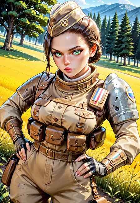 lazypos, masterpiece, best quality, dynamic angle, 1girl, solo, twitchr6s, garrison cap, brown coat, chest rig, fingerless gloves, brown hair, hair bun, shoulder pad, field, trees, hand on hip, looking at viewer, detailed scenery