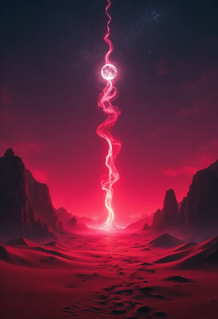 A Unity engine render of a warping illusion in an otherworldly desertscape with red shifting sands. With an ominous mood emphasizing the spectral glow of the setting. The render's style is impressing with highest quality visual effects, featuring ray-tracing and 8K textures. The color theme is defined by immersive hues. <lora:flux_Jibs_Midjourney_Fantasy_Style_1>