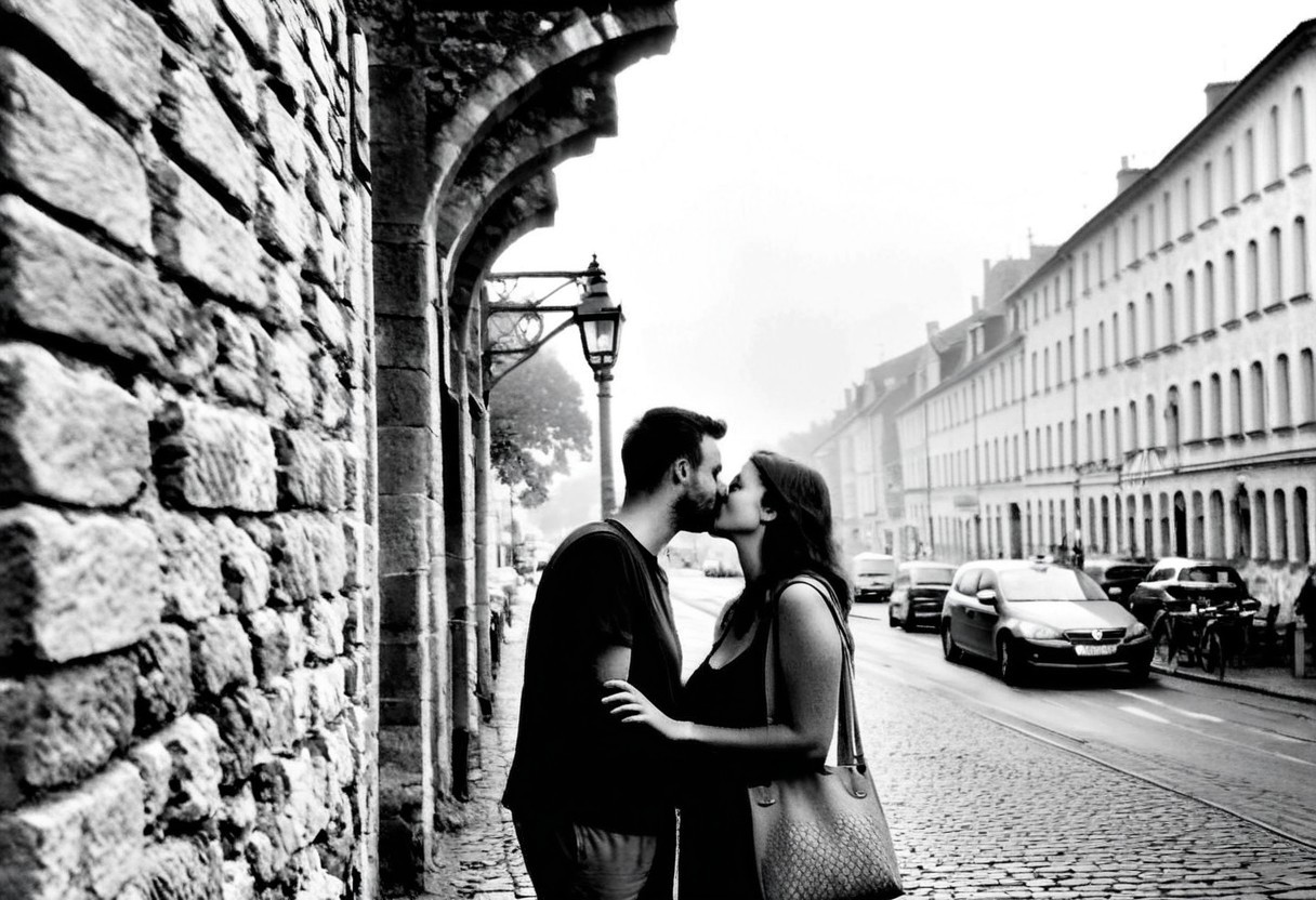 monochrome, instagram photo, a loving couple is standing at a street lamp and kissing. this lantern is at the head of an old bridge. in the background you can see an old town with a castle and a church, which is foggy. it's autumn, foggy and it's at night