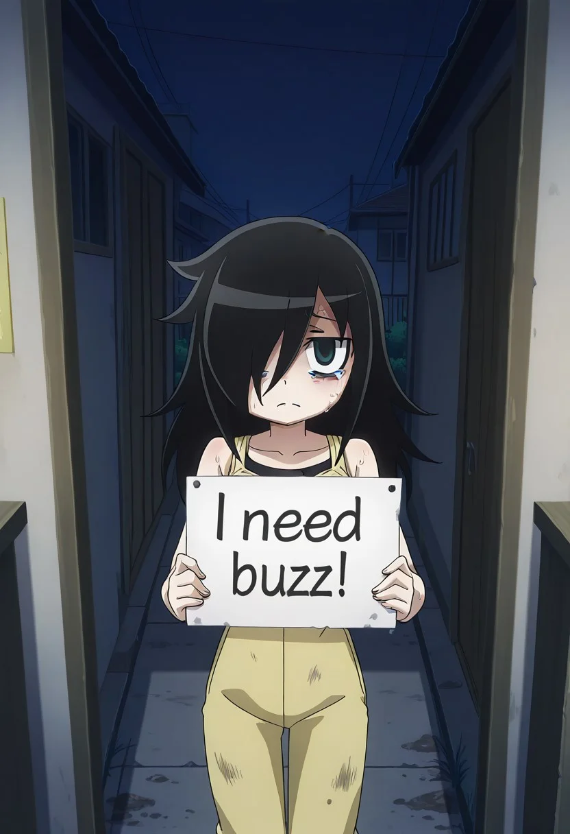 detailed background, official style, anime coloring, (anime screencap) masterpiece, detailed face, 1girl, <lora:Tomoko_Kuroki:0.8>, Tomoko, small breasts, black hair, long hair, bags under eyes, hair between eyes, hair over one eye, flat chest, petit body, skinny, oversized breast cup, sad, sad expression, tears, need_buzz, holding sign, looking up at viewer, standing, sweating, dirty clothes, outdoors, night time, buildings in the background, pov, opening apartment door,