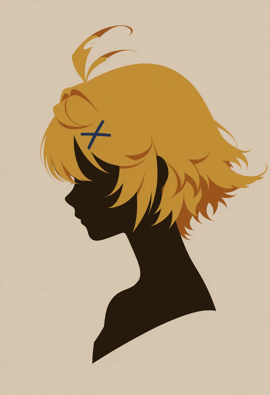 masterpiece, best quality, 1girl, solo, D0ki, blonde hair, short hair, spiky hair, x hair ornament, vector art, simple background, no lineart, silhouette, portrait, no eyes, from side, <lora:ChamDokibirdNoob:1>