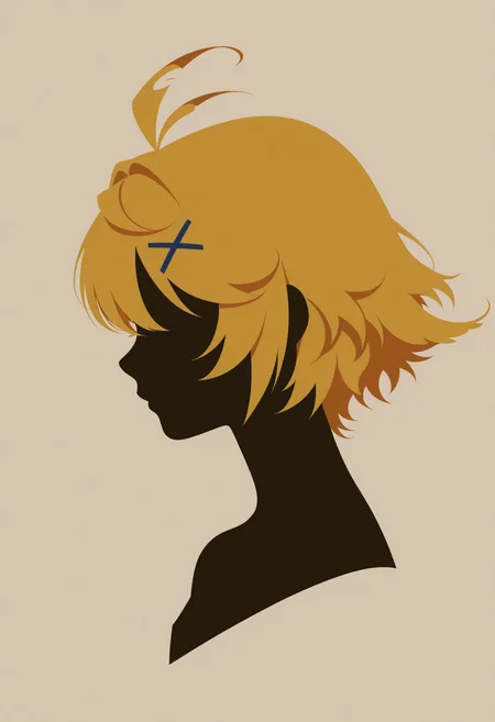 masterpiece, best quality, 1girl, solo, D0ki, blonde hair, short hair, spiky hair, x hair ornament, vector art, simple background, no lineart, silhouette, portrait, no eyes, from side, <lora:ChamDokibirdNoob:1>