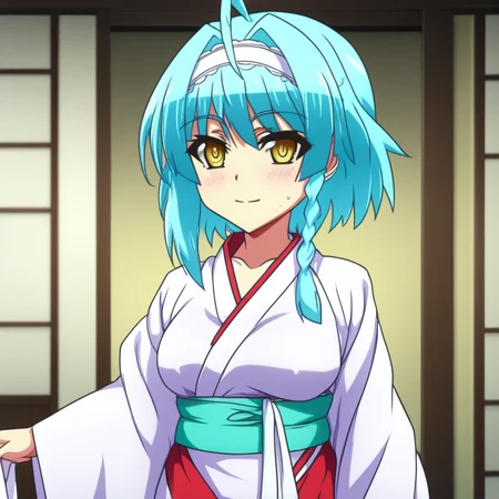 score_9, score_8_up, score_7_up, source_anime, NonakaYuki, 1girl, solo, closed mouth, light smile, blush, aqua hair, yellow eyes, side braid, YukiWedding, japanese clothes, (hood:1.2), white kimono, red sash, standing, looking at the viewer, indoors