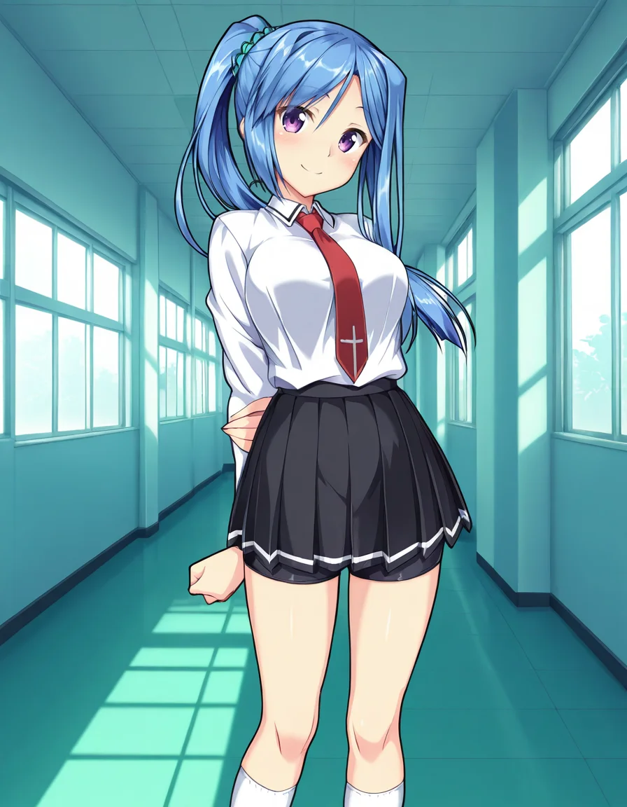 Ririela Churack (human),purple eyes,blue hair,long hair,ponytail,hair scrunchie,school uniform,necktie,white shirt,black skirt,bike shorts,white socks,,school,hallway,day,
looking at viewer,
normal breasts,
explicit,hair between eyes,(bold:3.12),thick outline,black outline,harsh lines,soft lines,deluster,boldline,curvy,slim,
smile,
soft brightness,perfect face,perfect nose, perfect hair, perfect eyes,perfect female body,perfect skin,a face of perfect proportion,perfect lighting,perfect anatomy,perfect proportion,perfect hands,perfect legs,perfect fingers,masterpiece,super fine illustration,best quality,very aesthetic,absurdres,16k,intricate detail,amazing quality,detailed linework,vibrant colors,kawaii,flat color,
<lora:ãããã¨ãªãªã¨ã©ãã¥ã¼ã©ãã¯illustriousErectRiriela_Churackillustrious-000019:1:0.8>
