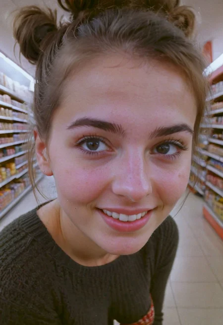 (Soft Lighting Photography by Mimoza Veliu and Mario Giacomelli:1.2), , face and cleavage closeup from above, A beautiful supermarket, a blushed smiling brunette freckled Woman in high wooly stockings and very short skirt standing at a candy shelf on tiptoes, colorful knitted sweater, cleavage, looking up, messy hairbun, infront of the atmospheric led-adverstisment, crepuscular rays, volumetric lighting, ultra detailed, deep Blacks, very detailed, atmospheric haze, Film grain, cinematic film still, shallow depth of field, highly detailed, high budget, cinemascope, moody, epic, OverallDetail, 2000s vintage RAW photo, photorealistic, candid camera, color graded cinematic, eye catchlights, atmospheric lighting, imperfections, natural, shallow dof