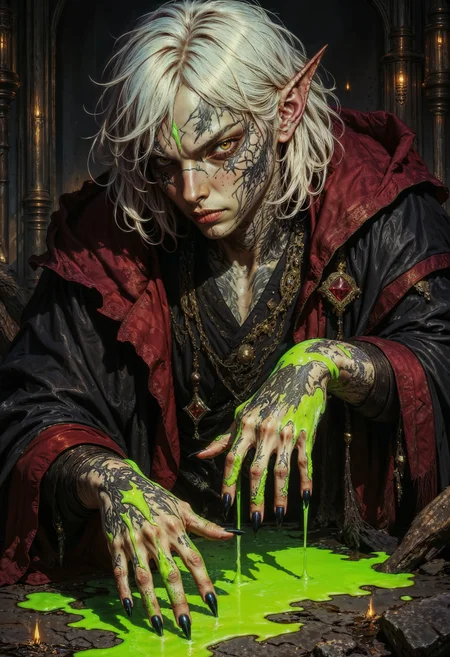 a highly detailed digital painting featuring a fantastical, otherworldly character. The subject is a humanoid figure with pale, almost ghostly skin, adorned with dark, intricate tattoos and markings. Their face is elongated with sharp, angular features, and they have pointed, elf-like ears. The most striking aspect of their appearance is their glowing, piercing yellow eyes, which give a sense of intense focus and otherworldliness.
The character's hair is short, platinum blonde, and disheveled, with neon green streaks that seem to glow with an eerie light. They are dressed in a dark, flowing robe with red accents and intricate patterns, which drapes over their slender frame. The robe is soaked in a vivid green slime that drips and oozes down their body, pooling at their feet and creating a stark contrast against their pale skin and dark attire.
Their hands are long and bony, with long, sharp nails painted black, and they are posed in a delicate, almost ethereal manner, as if they are summoning or conjuring something. The background is dark and shadowy, with a few glowing embers or sparks scattered around, enhancing the mystical and eerie atmosphere of the scene.
