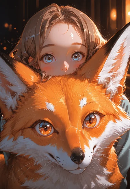 1girl, human, fox, fluffy, duo,
close-up, heads stack, looking at viewer,
large eyes, light blue eyes, eye reflection, wavy brown hair, forehead, eyebrows, peach skin, pink cheeks, pink nose,
orange and white fur, brown eyes, black nose, whiskers,
soft lighting, gentle light, warm lighting,
kind atmosphere, warm atmosphere, curious atmosphere,
innocence, gentle expression, curious expression,
masterpiece,best quality,amazing quality,
<lora:GBF_Illustrious:0.5>, <lora:MoriiMee_Gothic_Niji_Style_Illustrious_r1:0.5>, <lora:Smooth Booster:0.5>, <lora:USNR STYLE_XL_loha:0.5>
