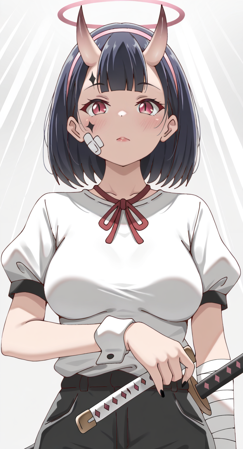 masterpiece, cute, lovely, newest, absurdres, (best quality:1.3), amazing quality, very aesthetic, 1girl, solo, high_resolution, hq, 4k, BREAK. high gradient eyes, very cute, light particles, cute details, cute colors, mature woman, (Poa_Mellhen_Style), oni, oni horns, dark blue hair, straight hair, blunt bangs, pink eyes, slit pupils, (medium breasts:1.2), sagging_breasts, BREAK,  bandaid on face, bandaid, bandaid on cheek, forehead mark, parted lips, wrist cuffs, neck ribbon, short sleeves, fingernails, shirt, hairband, puffy short sleeves, puffy sleeves, shorts, t-shirt, bandages, sheath, sword, solo, holding, simple background, grey background, upper body, halo, facial mark, nail polish, closed mouth, red ribbon, black nails, bandaged arm, holding weapon, light frown, light rays, pink hairband, red lips, scabbard, weapon, white shirt, masterpiece, best quality, very aesthetic, intricate details, vivid colors, smooth shading, dynamic lighting, professional illustration, soft gradients, balanced composition, elegant pose, high-resolution, sharp focus, 8k, hdr, crisp lines, perfect lighting, sharp eyes, detailed eyes, highly detailed