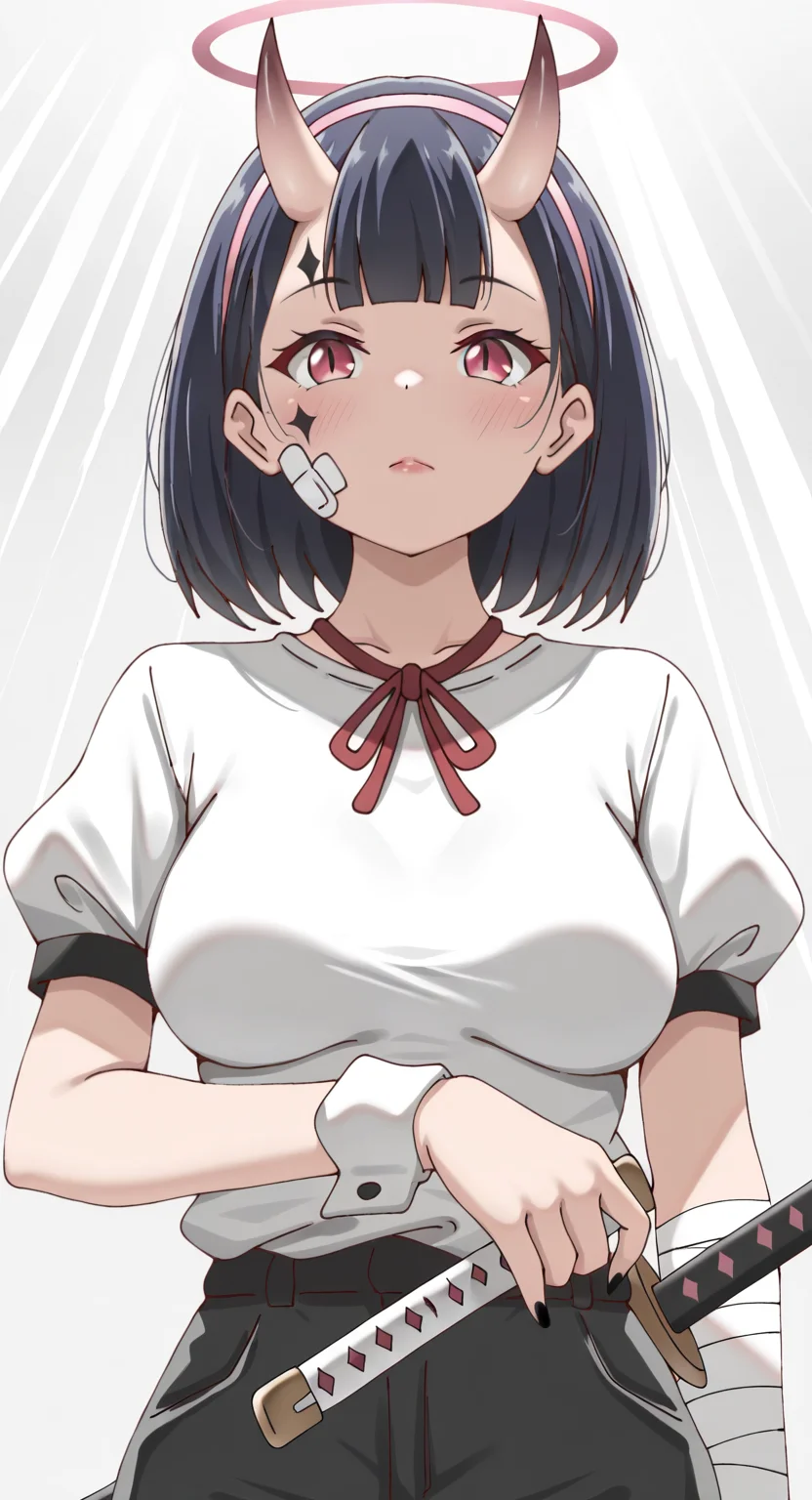 masterpiece, cute, lovely, newest, absurdres, (best quality:1.3), amazing quality, very aesthetic, 1girl, solo, high_resolution, hq, 4k, BREAK. high gradient eyes, very cute, light particles, cute details, cute colors, mature woman, (Poa_Mellhen_Style), oni, oni horns, dark blue hair, straight hair, blunt bangs, pink eyes, slit pupils, (medium breasts:1.2), sagging_breasts, BREAK, bandaid on face, bandaid, bandaid on cheek, forehead mark, parted lips, wrist cuffs, neck ribbon, short sleeves, fingernails, shirt, hairband, puffy short sleeves, puffy sleeves, shorts, t-shirt, bandages, sheath, sword, solo, holding, simple background, grey background, upper body, halo, facial mark, nail polish, closed mouth, red ribbon, black nails, bandaged arm, holding weapon, light frown, light rays, pink hairband, red lips, scabbard, weapon, white shirt, masterpiece, best quality, very aesthetic, intricate details, vivid colors, smooth shading, dynamic lighting, professional illustration, soft gradients, balanced composition, elegant pose, high-resolution, sharp focus, 8k, hdr, crisp lines, perfect lighting, sharp eyes, detailed eyes, highly detailed