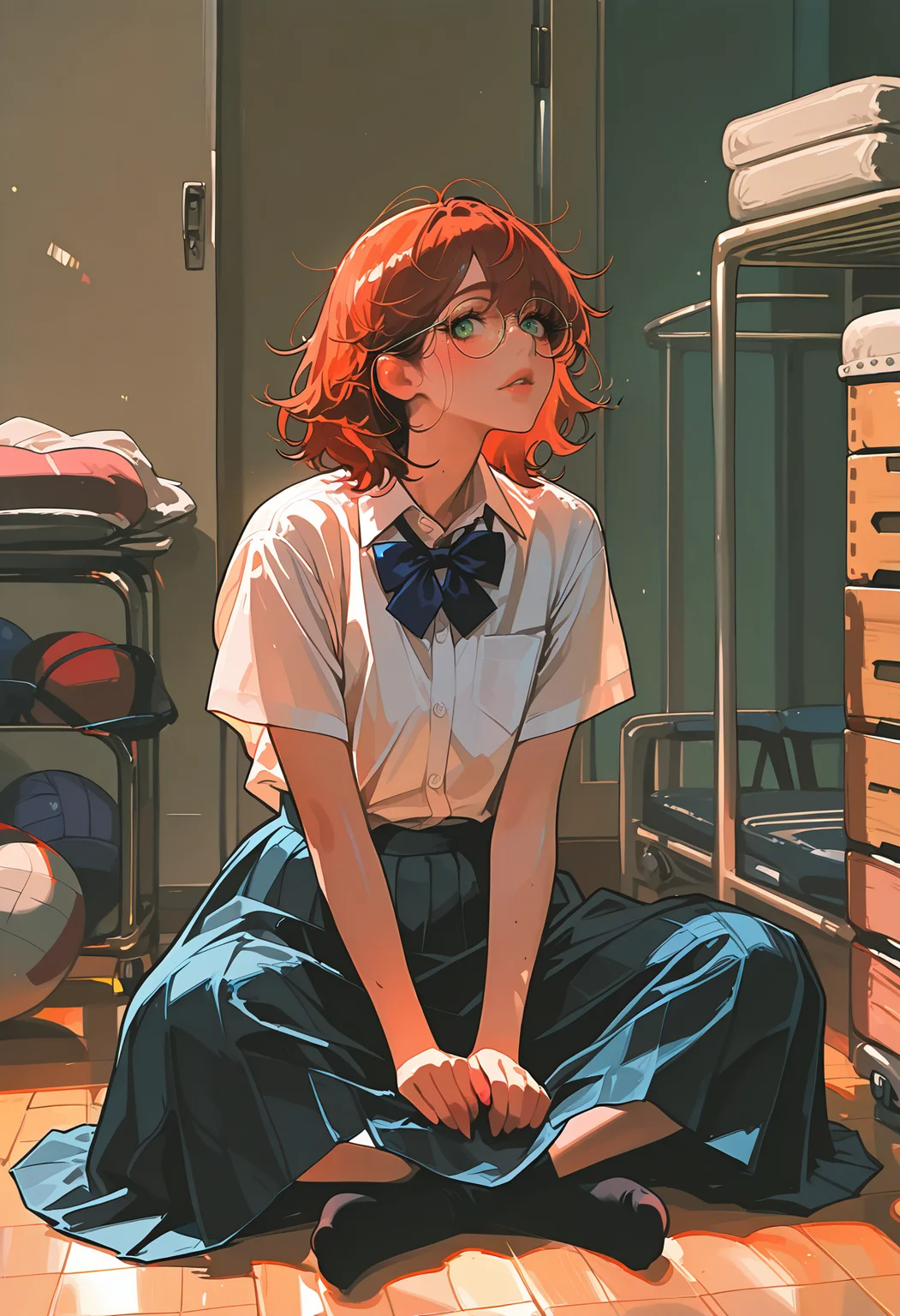 1girl,   red hair,  medium hair, pointy hair,      tanline,   
BREAK   1girl, butterfly sitting,         
BREAK                 tomboy,  school uniform, long skirt, black legwear, round glasses, thick glasses,  school gym storeroom, messy tools,      
BREAK general, masterpiece, best quality, absurdres, highres, newest, <lora:ponyv6_noobV1_2_adamW:0.7>, <lora:VICE_v1.0:0.9>