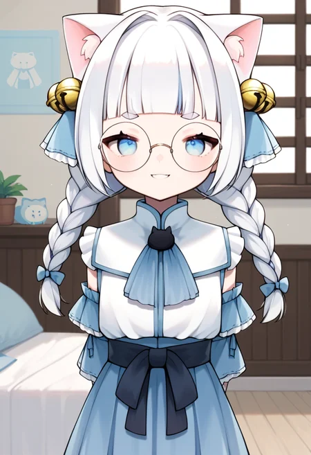 score_9, score_8_up, score_7_up, source_anime, 1girl, kasii, <lora:Kasii:1>, looking at viewer, smile, indoors, white hair, braids, cat ears, cowboy shot, round eyebrows, feet out of frame, bells, solo, white eyebrows, round glasses, hands behind back,