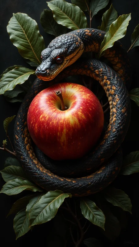 Apple and snake, bible scenery in photorealistic painting, perfect, alluring, the sin