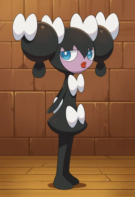 score_9, score_8_up, score_7_up, score_6_up,BREAK gothorita, pokemon \(creature\), solo, blue eyes, full body, no humans, standing, twintails, two-tone skin, white bow, black hair, white hair bow, indoors, looking to the side, red lips, white back bow, jitome, arms behind back, hair between eyes, from side, wooden floor, wooden wall <lora:GothoritaPony:1>