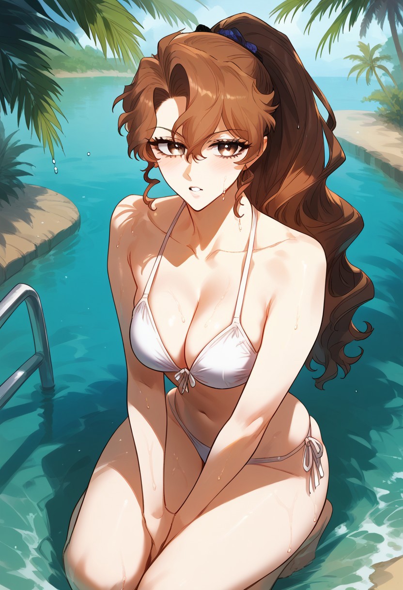 zPDXL3, score_9_up, score_8_up, score_7_up, (Anime_source), 1girl ,Dillon brown eyes, brown hair, long hair, ponytail, wet, cowboy shot, looking at viewer, parted lips, light blush, water, palm trees, (bikini, kneeling on chaise lounge), sunglasses