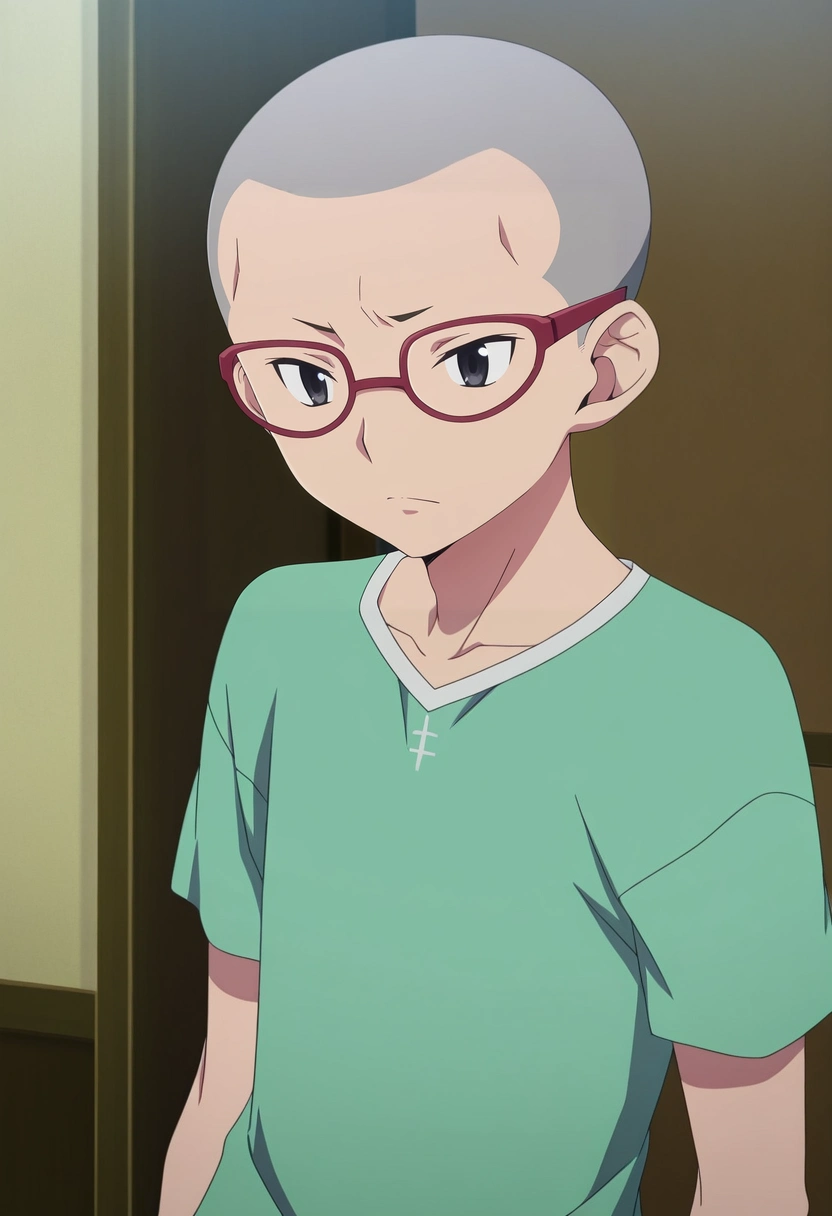 masterpiece, best quality, , anime screencap, anime coloring, ,, 1boy, solo, male focus, <lora:konekomaru_miwa_ilxl:1>, konekomaru_miwa, grey hair, black eyes, bald, glasses, red-framed eyewear, ,