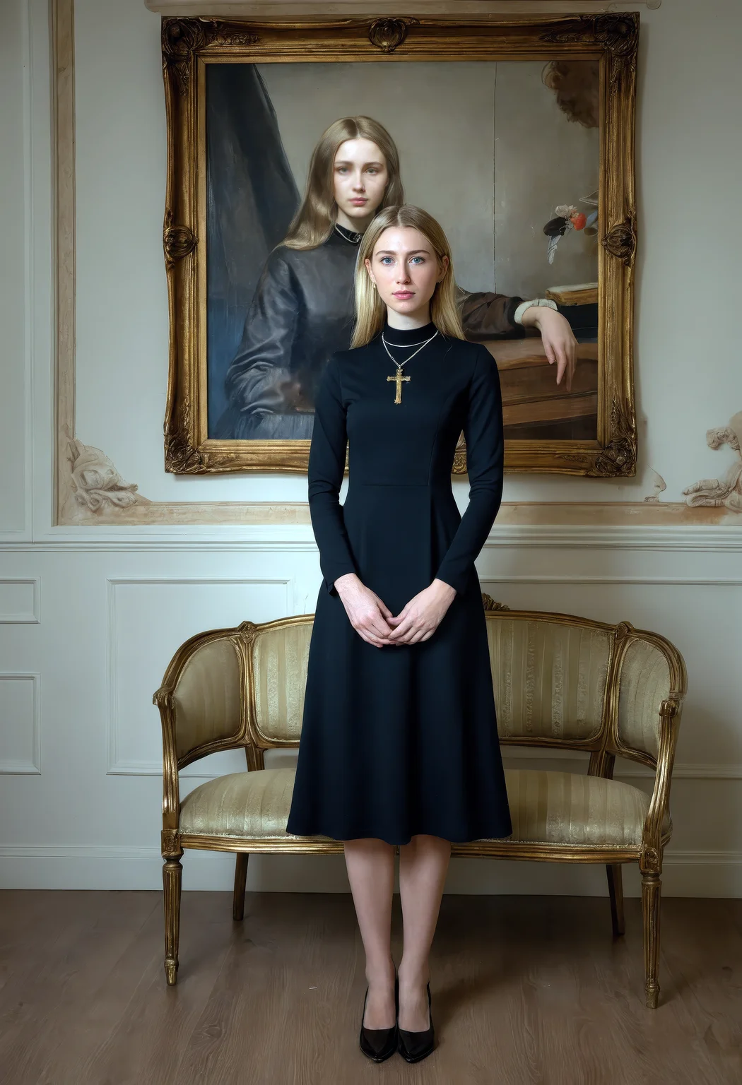 conservative woman, waiting room with classical art, (long sleeve mock neck dress with a high neckline), modest face expression, necklace with cross, wide shot, sdxl_cyberpositive_photo