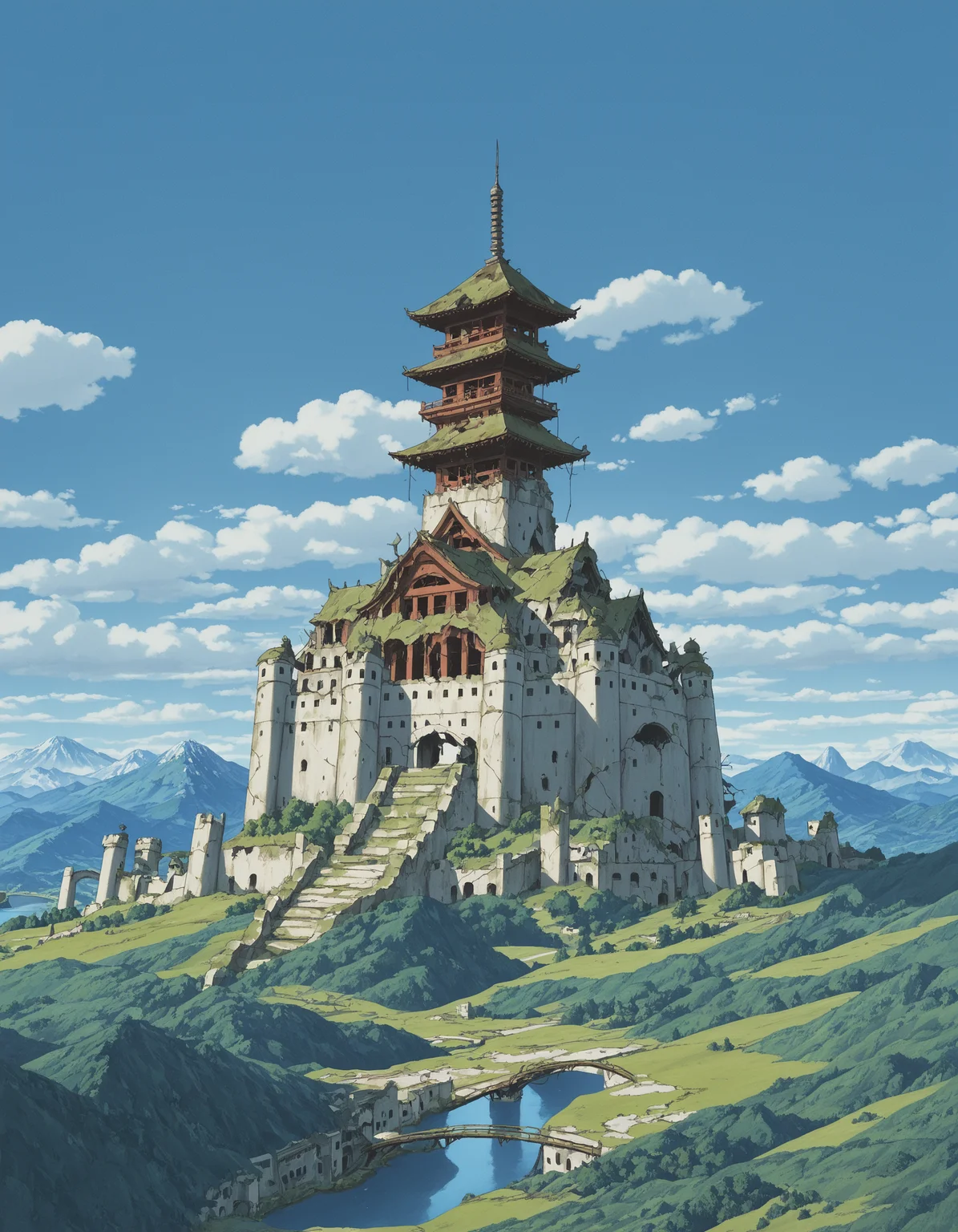 castle, portcullis, mountain, bridge, traditional architecture, no people, studio_ghibli, pagoda, abandoned, crumbling ruins, landscape, blue sky, clouds, masterpiece, best quality, amazing detail, high definition