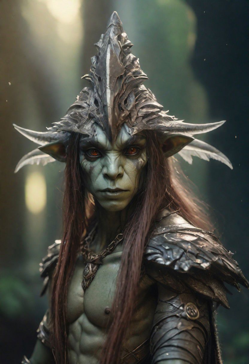 photography in the style of Labirynth, the dark crystal  movies, green, close up of (nature) and (fantasy) creature with a (diminute) sword stained with (beautiful:1.5), in a beautiful and ruined ,fantasy,hyper detailed, real skin imperfections, hard lighting, bokeh, ((curi:1.2))(inspire forms in most beautiful New race:1.4) (beautiful:1.4) (ambient fantasy:1.5)(warhammer world:1.0)