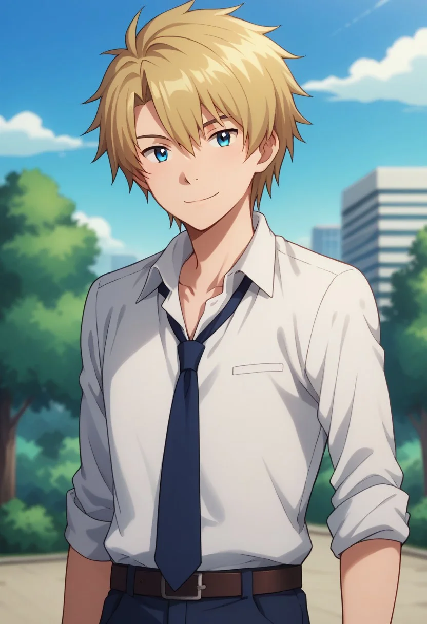 score_9, score_8_up, score_7_up, source_anime, highly detailed,
yamatri, 1boy, male focus, solo, necktie, shirt, belt, pants, blue necktie, smile, blue eyes, white shirt, school uniform, looking at viewer, blonde hair, sleeves rolled up, collared shirt, upper body,
outdoor, sky, tree