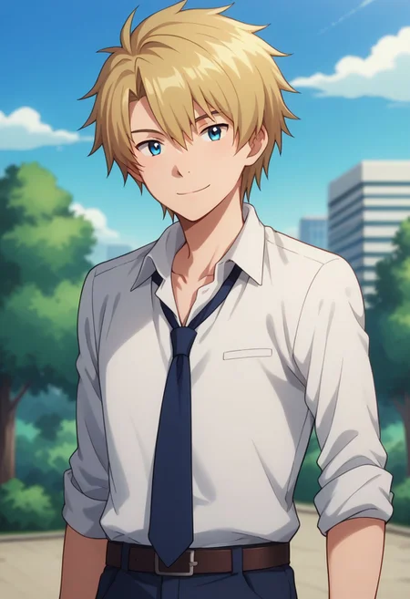 score_9, score_8_up, score_7_up, source_anime, highly detailed,
yamatri, 1boy, male focus, solo, necktie, shirt, belt, pants, blue necktie, smile, blue eyes, white shirt, school uniform, looking at viewer, blonde hair, sleeves rolled up, collared shirt, upper body,
outdoor, sky, tree
