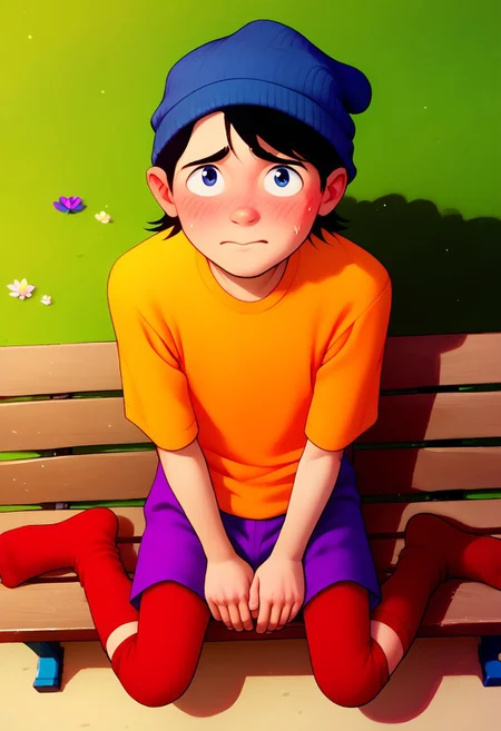 score_8, score_8_up, score_7_up, score_6_up, source_cartoon, flat shading, good_hands, BREAK, 1boy, solo, male focus,, Double D, beanie, black hair, orange shirt, purple shorts, red socks, blue shoe, park background, trees, pond, bench, sitting, looking at viewer, blushing, shy, embarrassed, from above,
