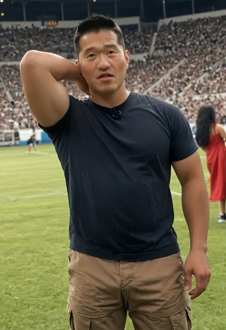 score_9, score_8_up, score_7_up, realistic, photorealistic, highly detailed, intricate details, detailed background, depth of field, 1male focus, black hair, (sweaty:1.2), (shiny oily skin), (steaming body),mature male, mature, muscular, large pectorals, puffy nipples, (((htkangface))), East Asian face, hairy armpits, male focus,bara,muscular male, pectorals, muscular, large pectorals, huge nipples covered, seductive face, msteamy, tanned skin, HD high professional quality photo of an indoor event where Loic Barcourt is standing performing in a giant stadium show for millions of people. The man has htkangface. He is looking at the camera. He is wearing a black shirt and brown cargo pants and is holding a microphone close to his mouth. RAW candid cinema, 16mm, color graded portrait 400 film, remarkable color, ultra realistic, textured skin, remarkable detailed pupils, realistic dull skin noise, visible skin detail, skin fuzz, wet skin, shot with cinematic camera