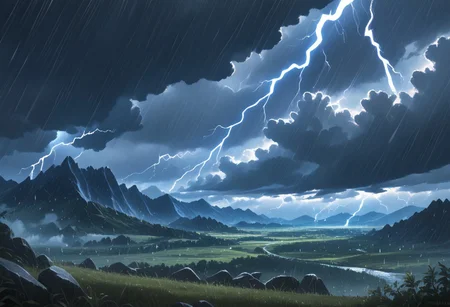score_9, score_8_up, score_7_up, (masterpiece), best quality, newest, absurdres, highres, fantasy, expressive eyes, perfect face, realistic style, symphtia-style, detailed face, detailed eyes, detailed pupils, landscape, scenery, (rain, stormy, lightning, lightning storm), dark lighting, realistic lighting
