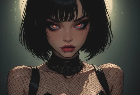 Stunning 25yo Vietnamese-Japanese Woman, model bombshell, beautiful, sensual, young-looking, luxurious elegant multi-color short side-shaved hair, tight SFW-revealing iridescent see-through metallic multi-color fishnet-leotard, glowing iridescent fishnet-gloves and fishnet-choker, neon, futuristic, posing on a futuristic desert city, sensually staring at viewer, arching back, sensually parting lips with iridescent lipstick, Summer time, dusk time, "sinozick style", "g4n1m3"