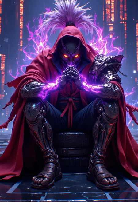 A cinematic shot of a ninjas samurai cyborg. wearing closed hoodie and red samurai armor, amber eyes, black mask, samurai shoulders, robotic arms, robotic legs. both hands holding on the chin, glowing arms, purple fire around the arms. Sitting on a throne on the top most floor of the tallest skyscraper, Glass floor, glass window. cyberpunk era, Entire futuristic cyberpunk skyline must be visible. Every element of the photo must be cyberpunk related. Neon colours and lighting everywhere. Impactful atmosphere in 8k resolution with intricate skin texturing, Ultrarealistic, absurdres, colorful, wallpaper, best quality, amazing details, hkmagic