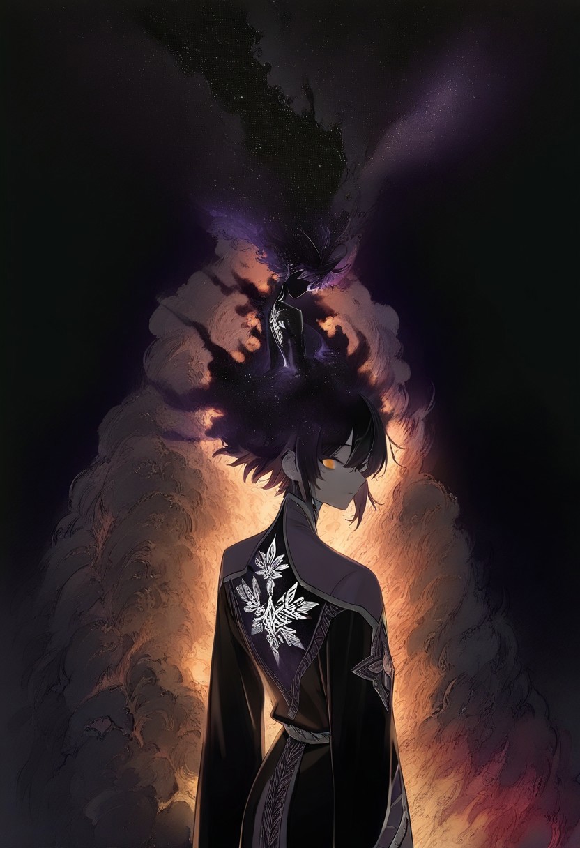 Score_9, score_8_up, score_7_up, best quality, high res, 8k, Dark lighting, low lighting, night, dark background, nebula,  1girl,faceless,back view, intricate tattoo, constellation, glowing tattoo, open back robe, cosmic entity, looking back at viewer, burning eyes