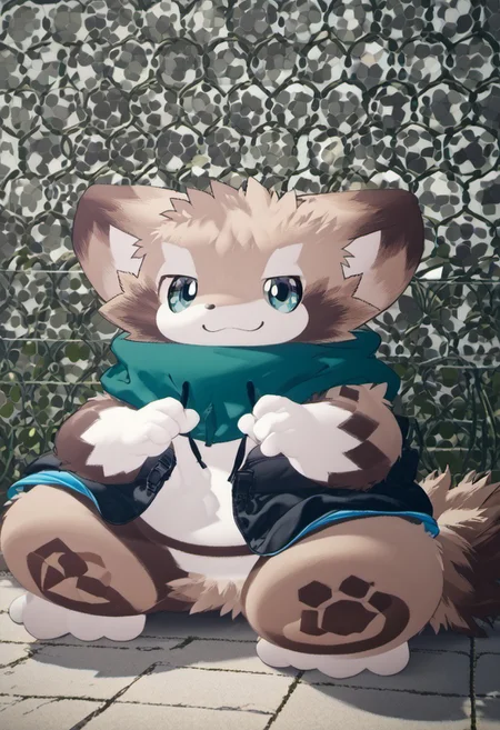 score_9, score_8_up, score_7_up, ((((sdgs4by zuppu11)))), feresuto (furry), 1boy, furry, solo, zPDXL3, blushing, sitting on ground