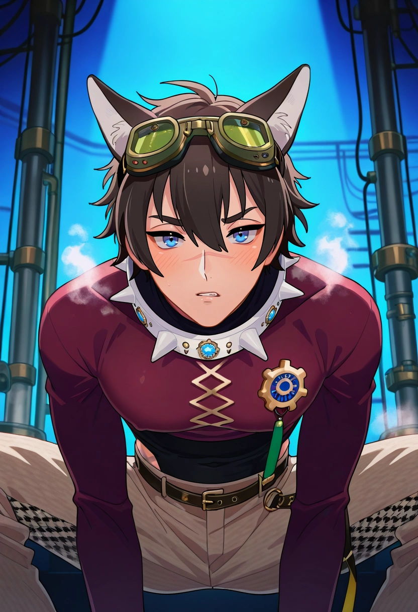 masterpiece, best quality, intricate details, (realistic:0.6), looking at viewer, , 1boy, solo, male focus, <lora:garu_nu_carnival_ilxl:0.96>, garu_nu_carnival, black hair, blue eyes, short hair, animal ears, scar, hair between eyes, spiked collar, wolf boy, wolf ears, , steam factory, gear wheels, pipe networks, pressure gauges, working pose, concentrated expression, industrial lighting, Linen-cotton trousers, Rosewood Sateen Houndstooth Polo sweater, , , Night Vision Goggles