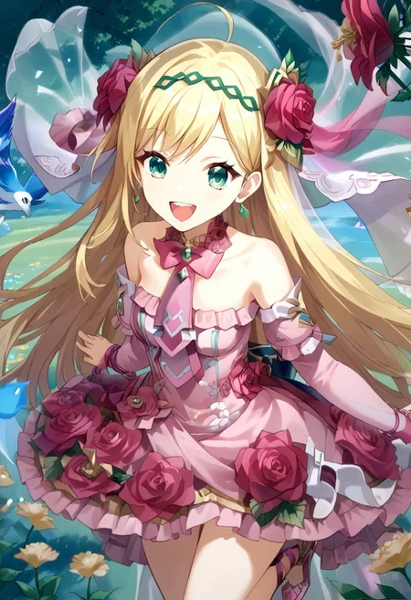 score_9, score_8_up, score_7_up, score_6_up, highest quality, masterpiece, best quality, source_anime, anime, (1girl, liones yelistratova (\hina logi: from luck & logic\), blonde hair, very long hair, green eyes, ahoge, pink tranceunion, pink dress, short dress, bare shoulder, strapless sleeves, flower headress, roses neckwear, light pink necktie, pink bowtie, long veil, floral dress, hair ornament) :d, happy, open mouth, teeth, depth of field, dynamic pose,
