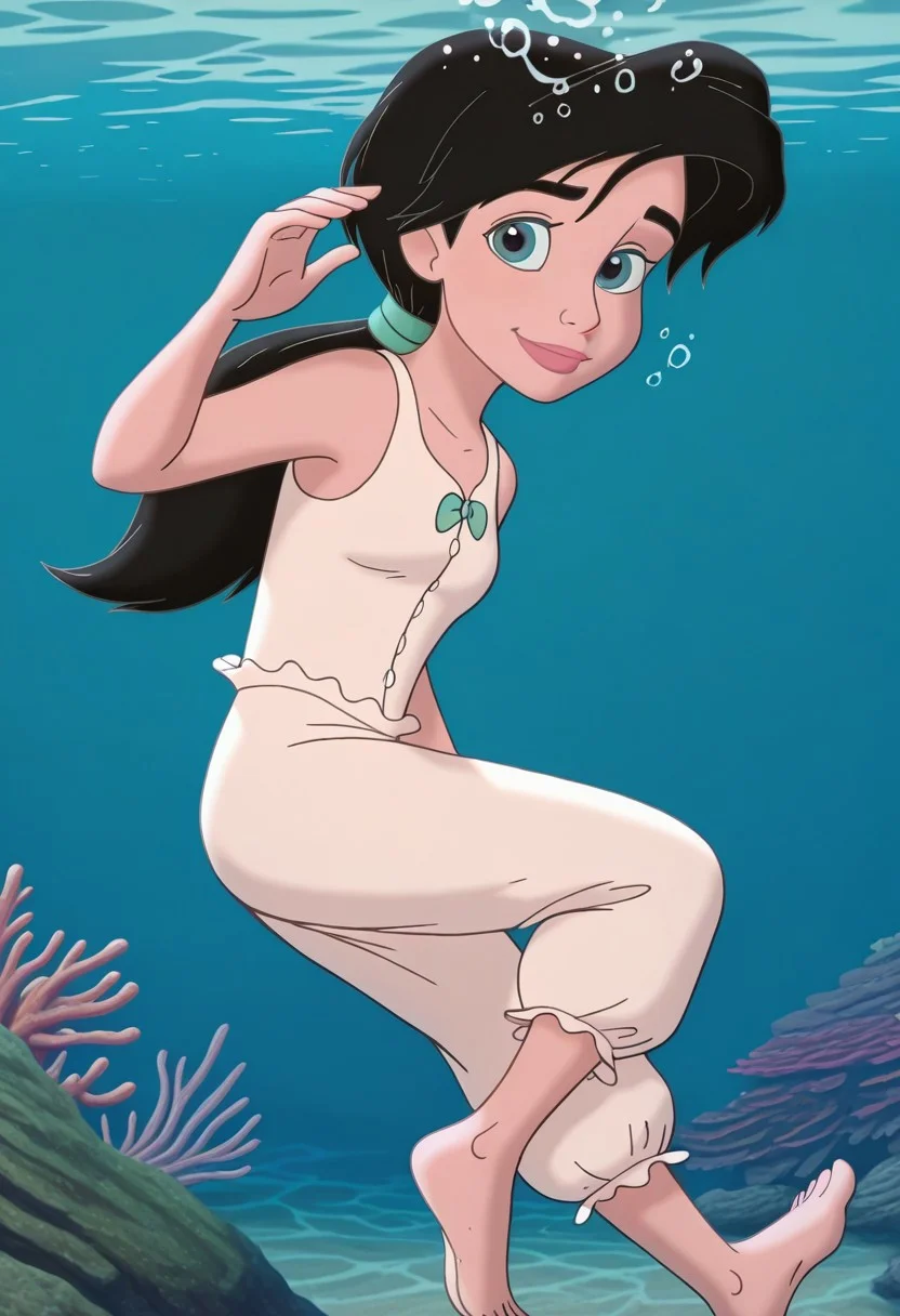 (screencap, official style:1.2), 1girl, small breasts, (MelodyXL:1.1), black hair, blue eyes, ponytail, makeup, sleeveless, shirt, pants, white pajamas, barefoot, feet, light smile, underwater, air bubbles, reef, coral, (fishes), cute pose, looking at viewer, outdoors, sea, swimming, freediving, dynamic pose, cowboy shot, day, <lora:Melody_character-12:1>