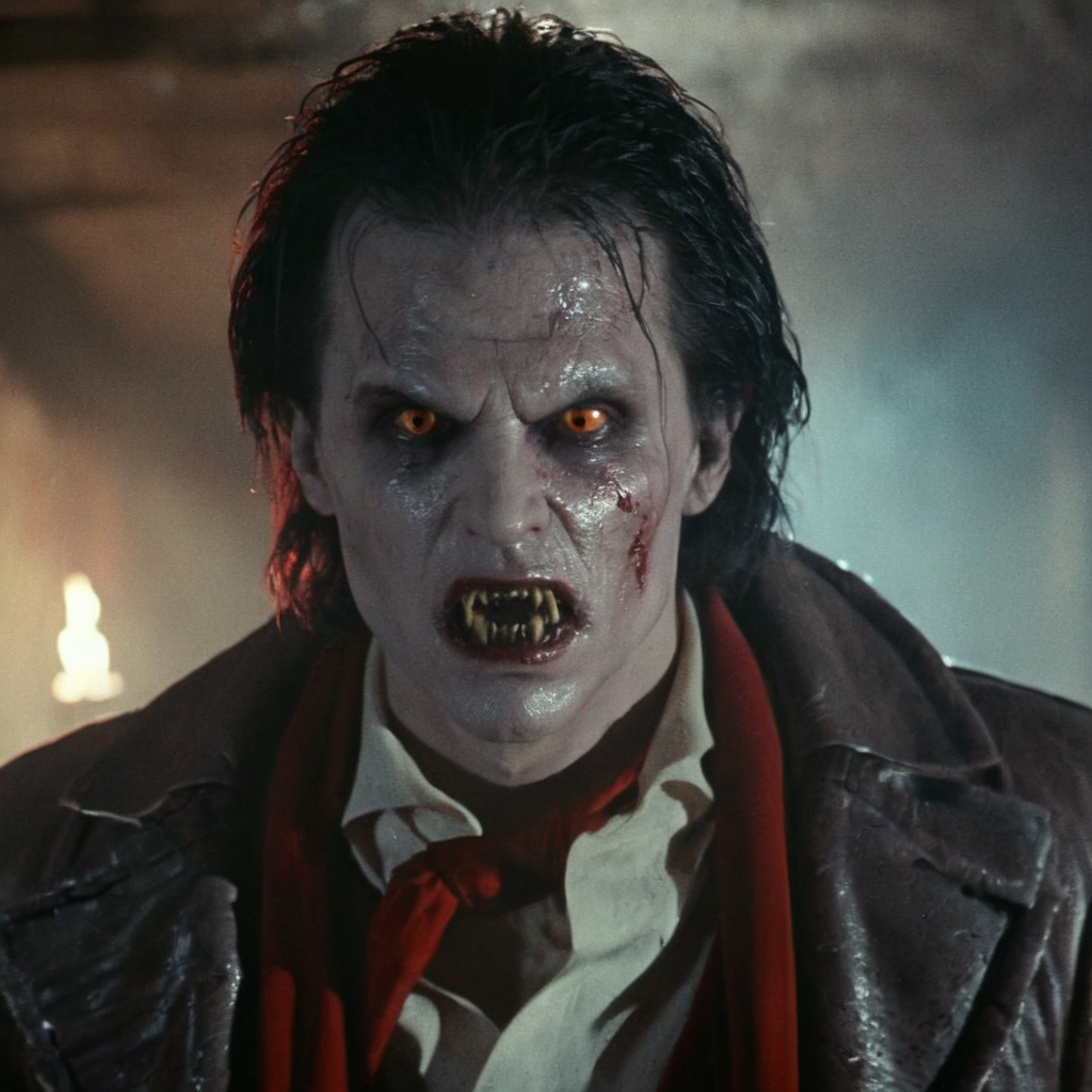 Horror-themed,  <lora:Fright Night 1985 Film Style:1>
Cinematic Medium full Shot Film Footage captured by Panavision Cameras and Lenses, vampire creature, Jerry a vampire creature with a burned face and a red scarf and jacket and white shirt and vampire teeth and red eyes lenses, staring at camera in a dark basement room with perfect sunlight ray light shadow light on, Fright Night 1985 Film Style, Eerie, unsettling, dark, spooky, suspenseful, grim, highly detailed