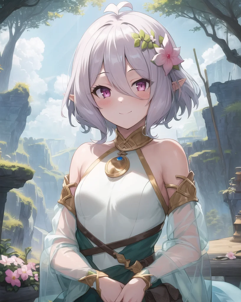 masterpiece, best quality, ultra-detailed, illustration, epic lighting, cinematic composition, (finely detailed beautiful eyes: 1.2), 1girl, medium breasts, kokkoro, pink eyes, short white hair, ahoge, white hair flower, nude, pussy, looking at viewer, smile, blush, closed mouth, upper body, outdoors, fantasy, nature, (8k:1.1) <lora:kokkoro_v1:1>