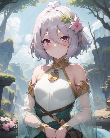 masterpiece, best quality, ultra-detailed, illustration, epic lighting, cinematic composition, (finely detailed beautiful eyes: 1.2), 1girl, medium breasts, kokkoro, pink eyes, short white hair, ahoge, white hair flower, nude, pussy, looking at viewer, smile, blush, closed mouth, upper body, outdoors, fantasy, nature, (8k:1.1)   <lora:kokkoro_v1:1>