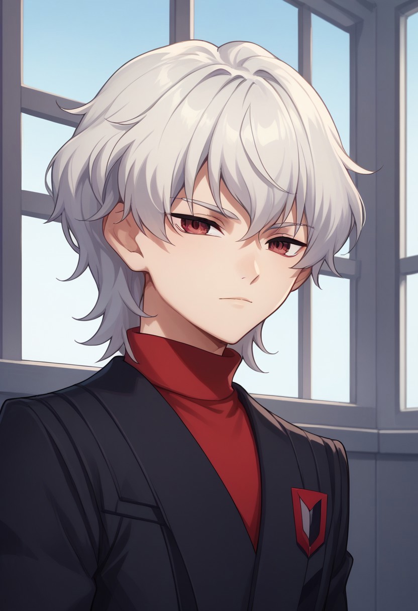 score_9, score_8_up, score_7_up, source_anime, highly detailed, 
lusia, 1boy, male focus, solo, upper body, white hair, uniform, medium hair, turtleneck, red eyes, jacket, black jacket,  sweater, red sweater, looking at viewer,
indoor, window,