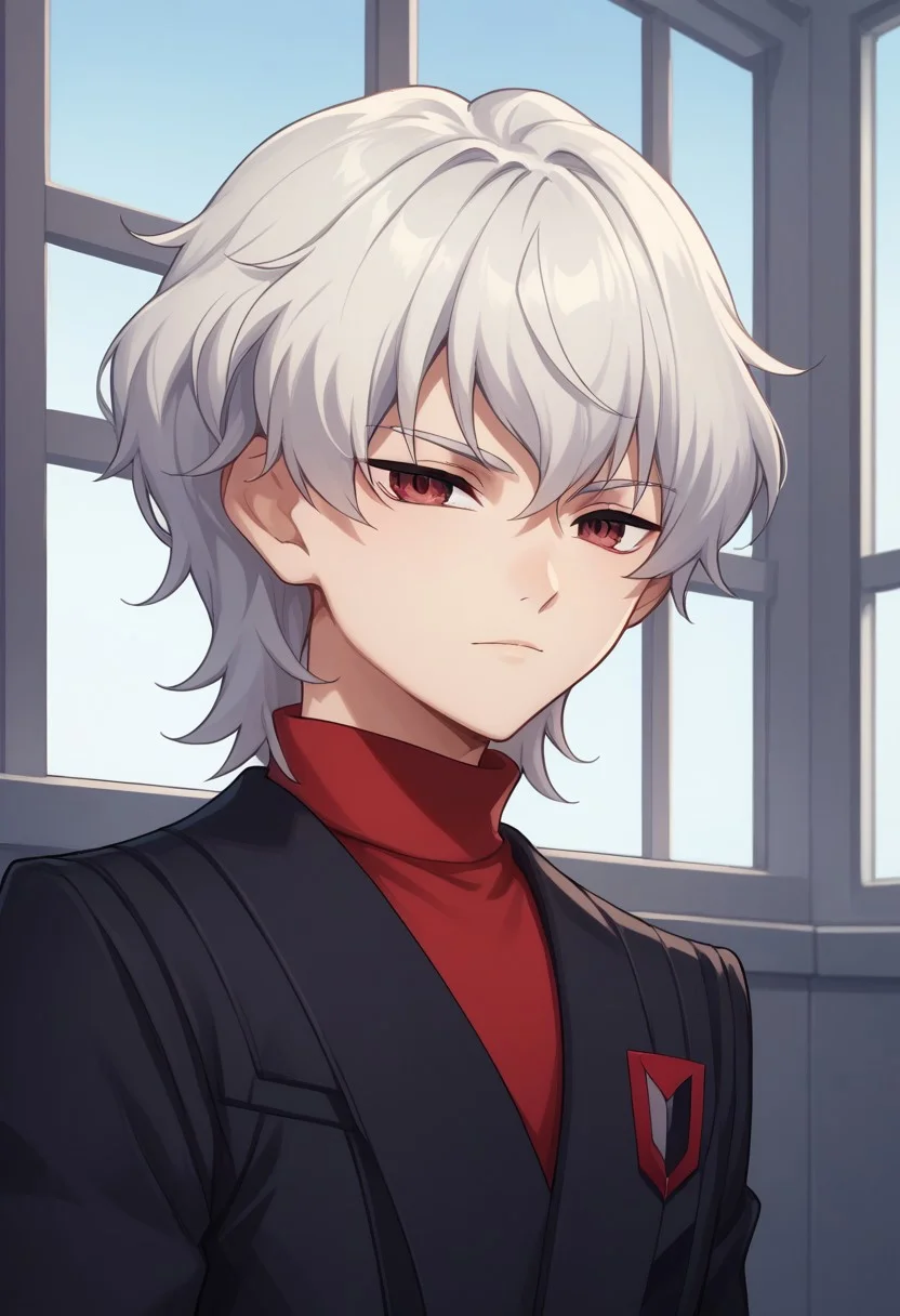 score_9, score_8_up, score_7_up, source_anime, highly detailed,
lusia, 1boy, male focus, solo, upper body, white hair, uniform, medium hair, turtleneck, red eyes, jacket, black jacket, sweater, red sweater, looking at viewer,
indoor, window,