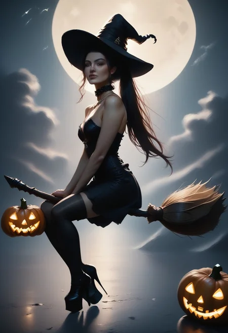 score_9, score_8_up, score_7_up, realistic, masterpiece, best quality, absurdres, vibrant, highly detailed, gorgeous, sexy, enchanting,
BREAK
SeijV2, high ponytail, open hair, reij-bewitched, black dress, black choker, black platform shoes, black stockings, black hat, pumpkin hatdetail, (smirk:0.6), skin details, detailed eyes, r1dingbroom, broom riding, broom, sidesaddle, looking at viewer
BREAK
Jed-dtl, (dark:1.2), night, starry sky, (full moon:1.5)