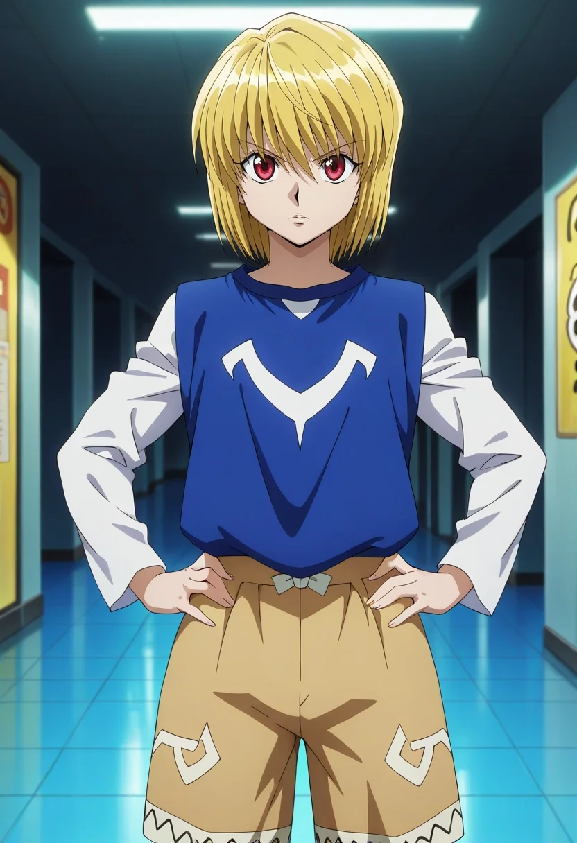 masterpiece, best quality, intricate details, anime screencap, , official style, looking at viewer, , 1boy, solo, male focus, <lora:kurapika_hxh_ilxl:0.96>, kurapika_hxh, blonde hair, red eyes, short hair, bangs, hair between eyes, , straight-on, plaza, light, hands on hips, squinting, Corduroy Beige Board shorts with print, Henley long-sleeve shirt, , ,
