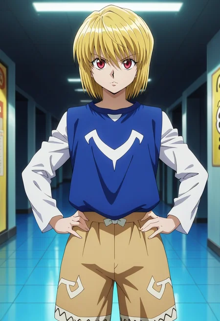 masterpiece, best quality, intricate details, anime screencap, , official style, looking at viewer, , 1boy, solo, male focus, <lora:kurapika_hxh_ilxl:0.96>, kurapika_hxh, blonde hair, red eyes, short hair, bangs, hair between eyes, , straight-on, plaza, light, hands on hips, squinting, Corduroy Beige Board shorts with print, Henley long-sleeve shirt, , ,