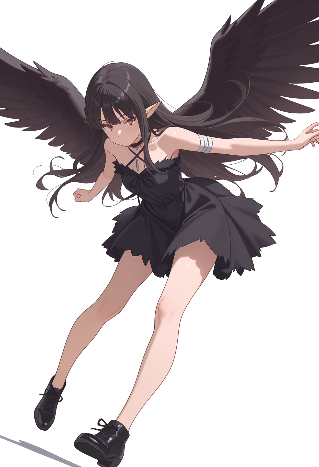 Smooth Quality,masterpiece,very intricate, high quality details, ultra realistic, high detailed skin,detailed enviorement,absurdres,
simple background, white background,
dutch angle,kubrick stare,jumping pose, arms spread wide, legs bent mid-air, joyful expression, dynamic energy,  ,
 <lora:Reese_evecnn:0.8>evecnn,1girl, long hair, black hair, red eyes, pointy ears, bangs, black dress, sleeveless dress, halterneck, criss-cross halter, choker, shoes, black footwear, black wings, feathered wings, bandages,