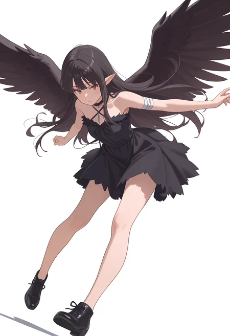 Smooth Quality,masterpiece,very intricate, high quality details, ultra realistic, high detailed skin,detailed enviorement,absurdres,
simple background, white background,
dutch angle,kubrick stare,jumping pose, arms spread wide, legs bent mid-air, joyful expression, dynamic energy, ,
<lora:Reese_evecnn:0.8>evecnn,1girl, long hair, black hair, red eyes, pointy ears, bangs, black dress, sleeveless dress, halterneck, criss-cross halter, choker, shoes, black footwear, black wings, feathered wings, bandages,