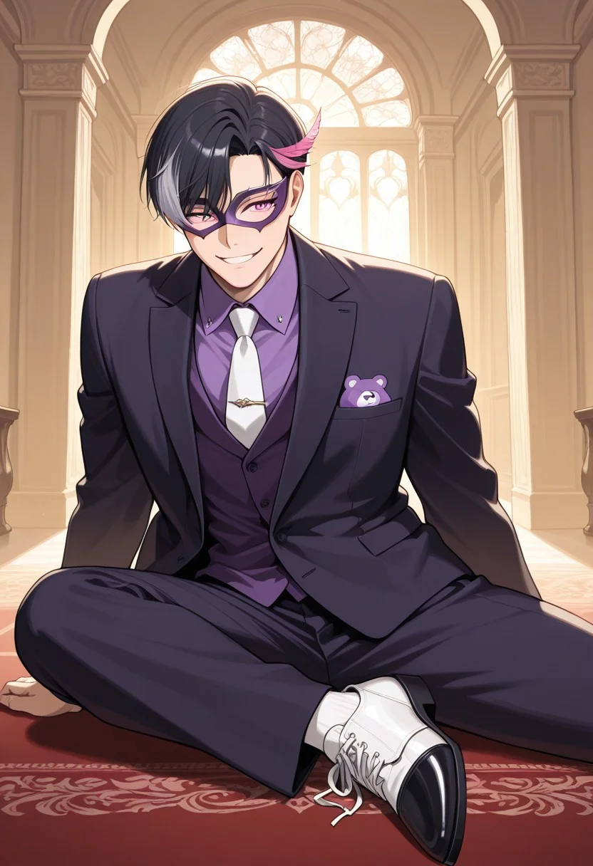 masterpiece, best quality, absurdres, newest, perfect quality, best quality, absolutely eye-catching, detailed background, intricate details, male, 1boy, mature man, aged man, solo, male focus, mbti_entp, black hair, gray side hair, multicolored hair, pink eyes, suit, black blazer with ametyst crystal ornament, purple shirt, white neck tie with purple bear print, white leather shoes, indoor, ballroom, warm natural lighting, lively and bustling atmosphere, background details visible, cheeky expression, smile, mouth open, mask, purple masquerade mask with purple crystal ornament, pink feather ornament on side hair